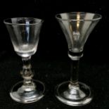 2 x antique wine glasses with folded footrims to base & pontil marks to base - tallest 14cm high