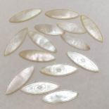 14 x antique Chinese hand carved mother of pearl gaming counters (5.5cm long) in a 1911 Crystal