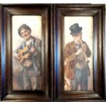 2 x antique oak framed prints of street musicians - 59cm x 31cm
