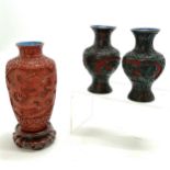 Chinese antique red cinnabar lacquer vase decorated with dragons on hand carved hardwood stand (16cm