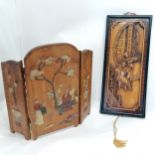 Oriental folding hardstone set table screen - 38cm x 42cm (old repair to 1 side & lacks part of