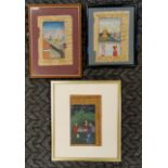 3 x framed antique hand illuminated pages depicting stories of ancient times - largest 30cm x 36cm