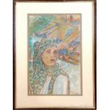 Framed watercolour painting of a young woman in a village environment signed F Iturrino (notes on