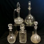 4 x decanters t/w cut glass claret jug - tallest 34cm ~ square decanter has chips to stopper &