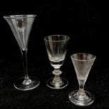 3 x antique glasses - smallest has folded footrim & wrythen twist (chip to lip), tallest 15.5cm high