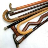 8 x walking sticks inc 2 with silver mounts - 2 a/f & all in used condition