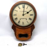 Antique oak cased drop dial wall clock (with key / pendulum) T J Veale Southampton - 36cm diameter &