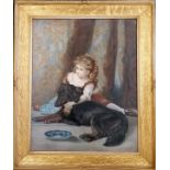 Framed print of 1874 painting of girl with her dog by James Archer - 59.5cm x 71cm