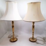 2 x tall brass lamps with turned wooden bases (height without shade 75cm) with silk shades - 1 shade