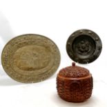 Antique continental terracotta lidded pot with applied decoration has 2 chips to the lid and some