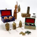 Qty of oriental oddments inc 2 stone desk seals (tallest 9cm & profusely decorated), 2 pairs of