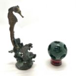 Michael Storey cast bronze seahorse figure - 15.5cm high t/w hardstone puzzle ball on stand