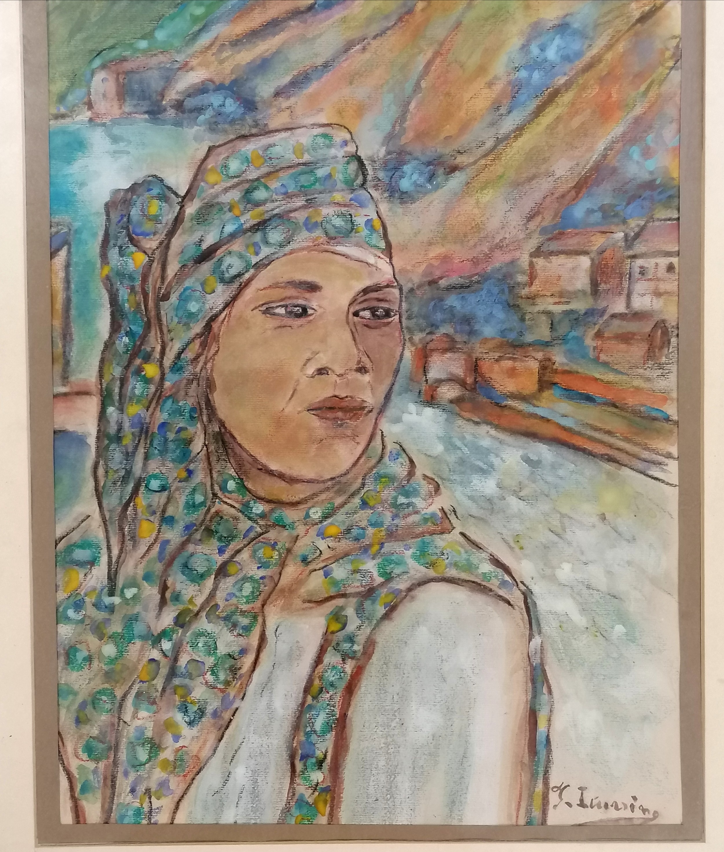 Framed watercolour painting of a young woman in a village environment signed F Iturrino (notes on - Image 3 of 3