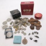 Qty of GB coins t/w boxed East Surrey regiment medallion & OXO tin & Monopoly pieces