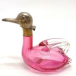 Novelty cranberry glass duck vinegar/ decanter bottle with nickel plated brass hinged lid 13cm high