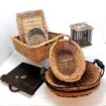 Qty of baskets (largest 50cm x 40cm x 18cm) t/w vintage bird cage & antique leather document case (