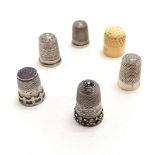 Antique 5 x silver thimbles (inc Charles Horner, 2 with decorative skirts & 1 set with amethyst to