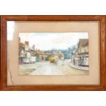 Framed original watercolour picture of a horse pulling a cart of hay in a street scene - 61cm x 44cm
