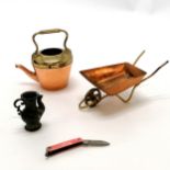 Novelty miniature copper & brass wheelbarrow (10cm long) etc