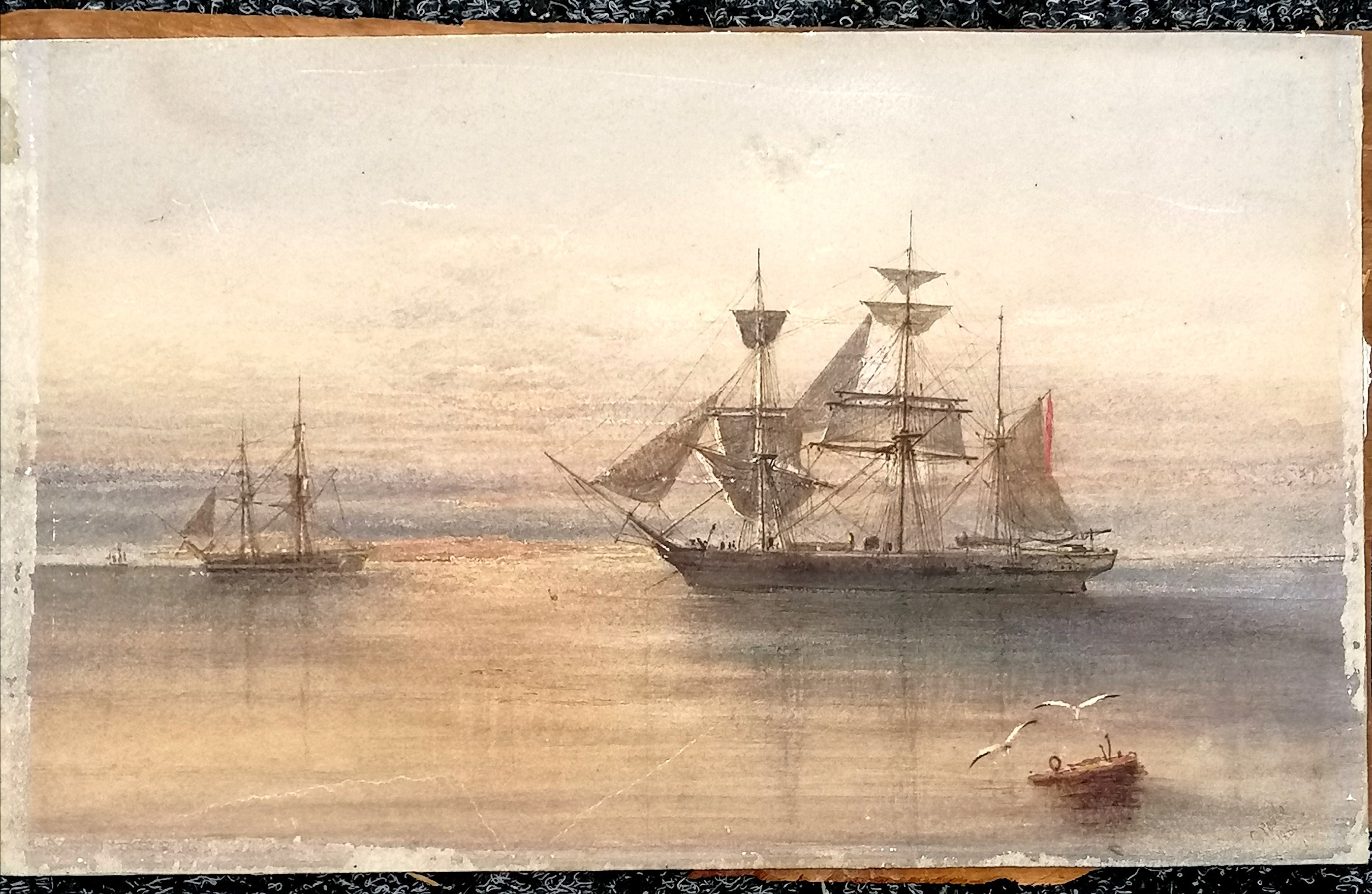 Signed watercolour of tall masted ships signed / dated C (?) Poole 1856 in oak frame (a/f) - 43cm - Image 2 of 2