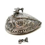 Islamic Persian silver mounted pumice stone with bird decoration (tail detached & missing 1 ball)
