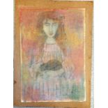 Mounted signed pastel of a girl holding a cat - 48cm x 67cm