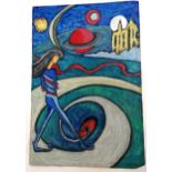 Pastel / crayon of a surreal figure in a landscape signed Kerstoff - 38cm x 56cm