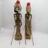 2 x Thai / Oriental wooden & cloth puppets on block bases - 65cm high & in good overall condition