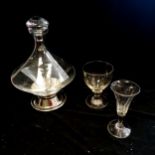 Antique glass rummer (12cm high), novelty glass decanter on a silver plated base t/w 2 x art glass