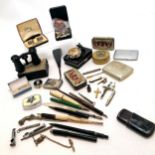 Qty of oddments inc pens, albertine chain, crosses, leather match vesta, voltmeter, Derby opera