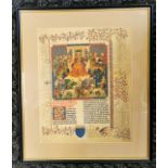 Framed hand illuminated depiction of a nobleman holding court - 38cm x 45cm