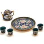 Vintage cloisonne miniature tray (7.5cm diameter) with teapot & 4 cups ~ in good used condition