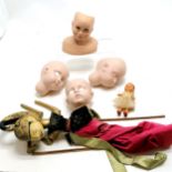 4 x bisque dolls heads t/w wooden & cloth oriental puppet (a/f) & a rubber vintage doll - 14cm high