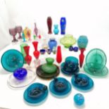 Qty of coloured glass inc Mdina (?) dishes, miniature enamel blue glass jug / basin, Art Nouveau