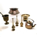 3 x brass rosewater sprayers, antique pestle & mortar (18cm high), antique copper dish, kettle,