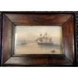 Signed watercolour of tall masted ships signed / dated C (?) Poole 1856 in oak frame (a/f) - 43cm