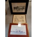 Framed pencil drawing of horses 58cm x 49cm (foxed) T/W a signed print of a windmill, faded and a