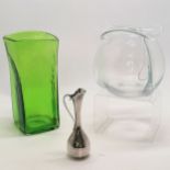 2 x Art glass vases - tallest green 24cm t/w Danish silver plated spill vase