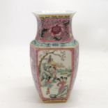 Chinese finely decorated hexagonal flat panel vase with pink ground & ladies decoration & 6
