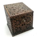 Antique walnut stationery box with profuse geometric chip carved decoration. has original key.