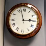 Antique circular wooden cased wall clock with brass bezel - 39cm diameter with original key &