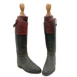 Antique pair of black riding boots with tan leather tops and with original boot trees - 59cm