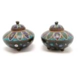 Pair of antique Chinese cloisonne squat form lidded pots - 12cm diameter ~ slight a/f to base of 1 &