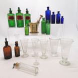 Qty of antique apothecary bottles (18cm high) inc 3 x green poison bottles with glass labels inc