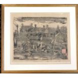 Framed woodblock print of a row of shops in Vietnam signed by Dinh Luc (b.1945) - 59cm x 53cm