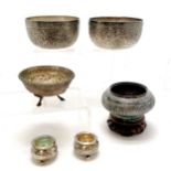 Pair of 830 silver oriental salts (1 liner a/f), Malaysian silver bowl on stand (lacks lid), 2 white