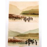 1972 pair of watercolour paintings of Asian rice field workers by Thai artist T Supsirikool - 38cm x