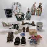 Qty of oriental wares inc 3 sage figures, panda bear teapot, peking glass / stone display,