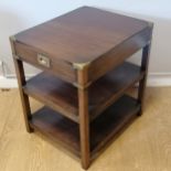 Campaign style Mahogany side table with drawer and shelf with brass inlaid corners and handle 56cm x