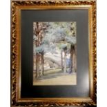Framed watercolour painting of some trees + hill by M (May?) Morton - 57cm x 45.5cm